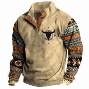 Men's Western Aztec Sweatshirts Pullover Ethnic Print Graphic Hoodies - Picture 1 of 4