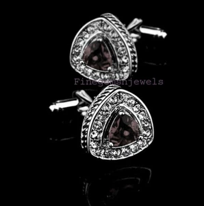 Natural Smoky Quartz & CZ Gemstones 925 Sterling Silver Cufflinks For Men #J99 - Picture 1 of 3