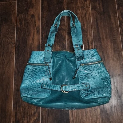 Jessica Simpson Teal Faux Leather Croc Embossed Hobo Satchel Purse - Image 1 of 4