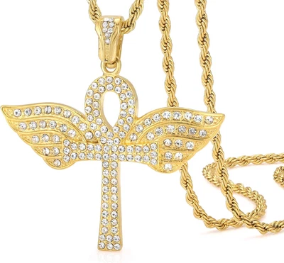 Iced Out Wings Ankh Cross Necklace for Women & Men, 18K Gold Stainless Steel Ank - Image 1 of 4