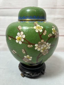 Vintage grün und gold Cloisonné Ingwer Glas mit Ständer Blumen Vögel - Bild 1 von 15