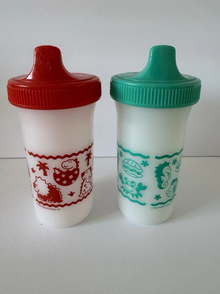 Lote 2 Tazas Playtex Sippy Dinosaurio Rojo Verde Vida Marina Sin Válvulas 1995 De Colección Foto 1 de 4