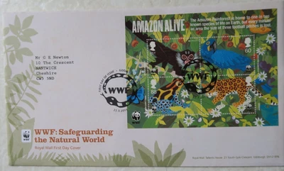 2011 SUPERB ROYAL MAIL FDC - WWF AMAZON ALIVE SHEET - GODALMING SURREY - Image 1 of 2