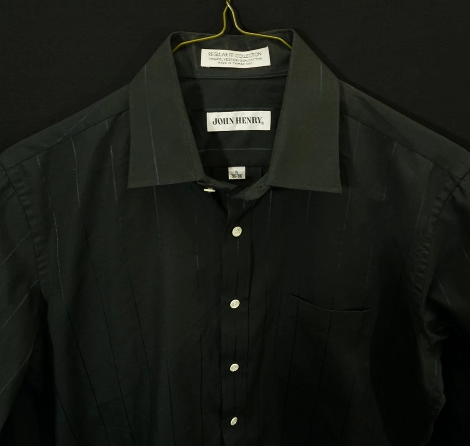 John Henry Men’s L 16' 34/35 Black Satin Pique Stripe Shirt Long Sleeve Western - Image 1 of 4