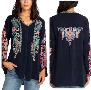 Johnny Was Navy Embroidered Peacock Sable Blouse Size Large - Picture 1 of 7
