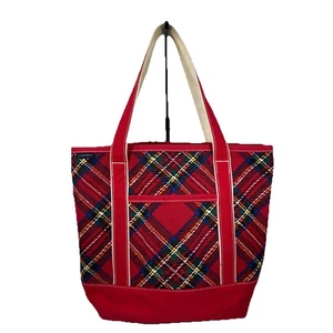 Borsa tote Lands End rossa multicolore a quadri in tela pesante con tasche - Foto 1 di 20