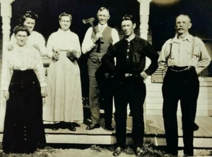 Group Of Men Women Holding Axe House Porch B&W Photograph Snapshot 2.25 x 3.25 - Picture 1 of 3