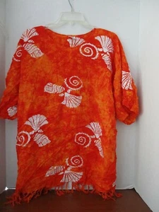 ISLAND STUFF~Orange HAWAIIAN SS 100% Rayon TOP SHIRT w/ Fringe~Women's 2x / 3x - Picture 1 of 3