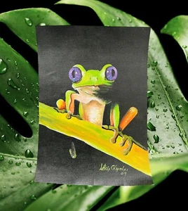 "Pintura al óleo bellas artes rana árbol tropical firmada pintada a mano 10,25"" x 9""" - Imagen 1 de 4