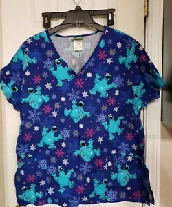 Sesame Street Blue Cookie Monster Scrub Top Size XL Nurse Uniform Short Sleeve - Picture 1 of 6