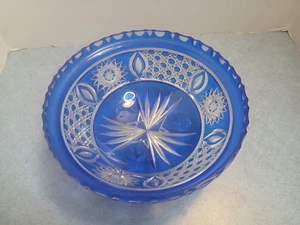 Blue Cut to Clear Czech Bohemia Lead Crystal Footed Glass Bowl Stars Vtg - Picture 1 of 10