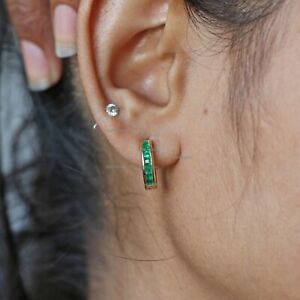 Princess Cut 2mm Natural Emerald Channel Set 10mm Mini Hoop Earring 14k Gold