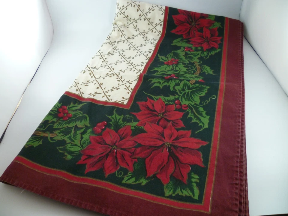 CHARTER CLUB Christmas Holiday Tablecloth Ivy Holly POINSETTIA Red Green 60X100 - Image 1 of 4