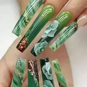Set 24 pezzi bara lunga pressa sulle unghie verde floreale copertura completa acrilico finto nuovo con scatola - Foto 1 di 7