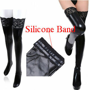 Sexy Women Patent Leather Elastic Lace Long Stockings Thigh High Hosiery S-XXL