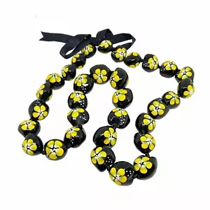 Kukui Nut Lei Hibiscus Yellow Flower Necklace Hawaiian Wedding Luau Graduation - Picture 1 of 2