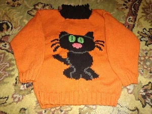 Handmade Halloween Orange Black Cat Sweater For Girl Size 6-7 Year Old - Picture 1 of 1
