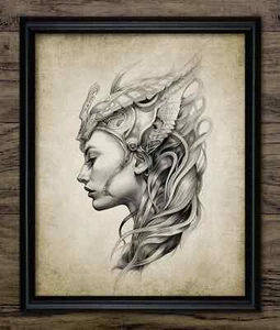 Impresión de doncella escudo vikingo, arte de pared mitología nórdica, decoración guerrero valquiria - Imagen 1 de 1