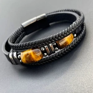 Men Bracelet Natural Tiger's Eye 3 Strands Leather Stainless Steel Bracelet Gift - Picture 1 of 2