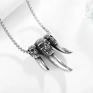 Herren 3 Dimensional Gothic Punk Totenkopf Elefant Zahn Anhänger Halskette Stahlkette - Bild 1 von 6