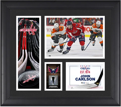 John Carlson Washington Capitals Framed 15x17 Collage & Piece of G-U Puck Cover