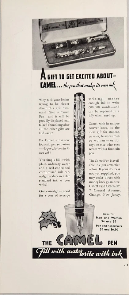 Anuncio impreso 1936 The Camel Pen pluma estilográfica Sensation naranja, Nueva Jersey Foto 1 de 1