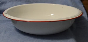 Vintage Farmhouse 12.5" White w/ Red Trim Enamelware Round Pan Wash Bowl Basin - Picture 1 of 3