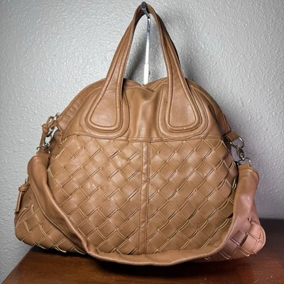 编织人造皮革手提包懒人特大号可拆卸肩带厚棕色 — 第 1/4 张图片