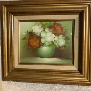 VINTAGE orange Rosen STILLLEBEN auf Leinwand Gemälde signiert Sopia gerahmt 15x17 - Bild 1 von 6