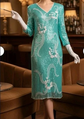 Vestido Scala Vintage Panado Seda Aleta En Aqua Talla Mediana Foto 1 de 4