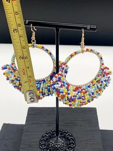 Seed Bead Multi ❤️Red Blue Fringe Earring Boho Hoop Drop Dangle 3” New - Picture 1 of 8