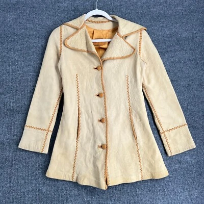 Chaqueta de Cuero North Beach De Colección Crema Punto de Látigo Botones Bolsillos Hippie Foto 1 de 4