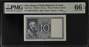 Italy 10 Lire 1939 P 25 c Gem UNC PMG 66 EPQ - Picture 1 of 2