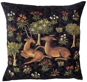 MILLEFLEURS DEER V1, 18" BELGIAN TAPESTRY CUSHION COVER, HAND FINISHEDWITH ZIP - Picture 1 of 5