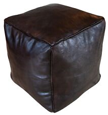 Square Moroccan Leather Pouf Dark Brown - Delivered Stuffed, Ottoman, Footstool