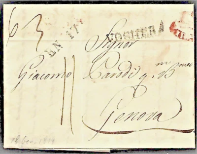 ITALY. SUPER COMPLETE ENTIRE. VOGHERA to GENOVA . 4 POSTAL MARKS. 1819. - Image 1 of 3