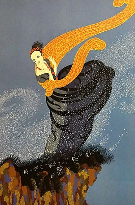  Erte 1982 - SUMMER BREEZE Blowing Flower Petals RED SCARF Art Deco Print Matted - Image 1 of 4