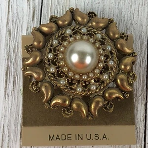 Vintage Textured Brooch Gold Tone Faux Pearl 2" x 2" Circle 1990s Statement Bold - Picture 1 of 4