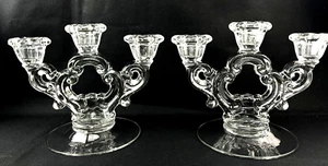Vintage Cambridge Keyhole Clear Glass Triple Candle Stick Holders Set Of 2 - Picture 1 of 10