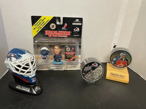 PATRICK ROY COLORADO AVALANCHE Lot, McDONALD's Mini Helmet, 2 Pucks, Headliners Cover