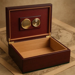 Caja humidor de cigarros de caoba vintage con higrómetro - almacenamiento de cigarros de madera, terciopelo - Imagen 1 de 8
