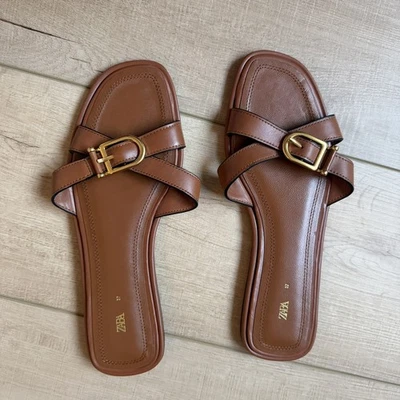 Zara Women's Slide Sandals Gold buckles  Size 6.5 - Image 1 of 3