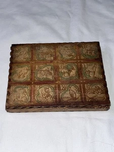 Antique Wood Storage Box Engraved Alphabet & Animals On Lid - Picture 1 of 14