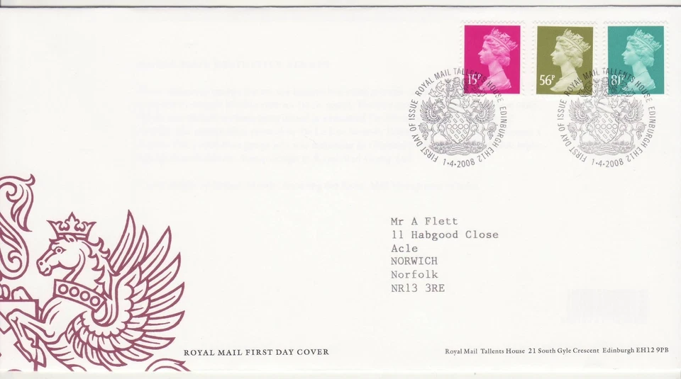 GB Stamps First Day Cover Machin Low Value Definitive 15p - 81p (3) SHS 2008 - Image 1 of 1