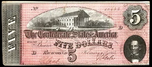 Feb 17, 1864 Confederate States of America $5 Note Obsolete Banknote T-69 - Picture 1 of 2