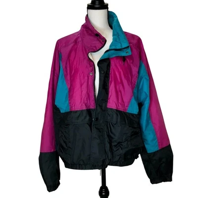 Chaqueta cortavientos Super 90s púrpura y negro colorblock Pacific Trail talla mediana Foto 1 de 4