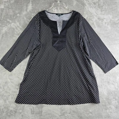 Top retro Lauren Ralph Lauren para mujer 2X negro blanco lunares manga 3/4 túnica Foto 1 de 4
