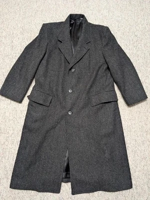 vintage TWEED overcoat HERRINGBONE wool weave 42S charcoal black DONEGAL english - Image 1 of 4