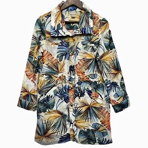 Chico's Tunic Button up Top Size S Collared 100% Linen Pockets Tropical Island - Picture 1 of 12