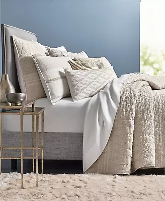 Hotel Collection Hand Quilted Honeycomb Cotton Linen Coverlet - QUEEN - Oatmeal